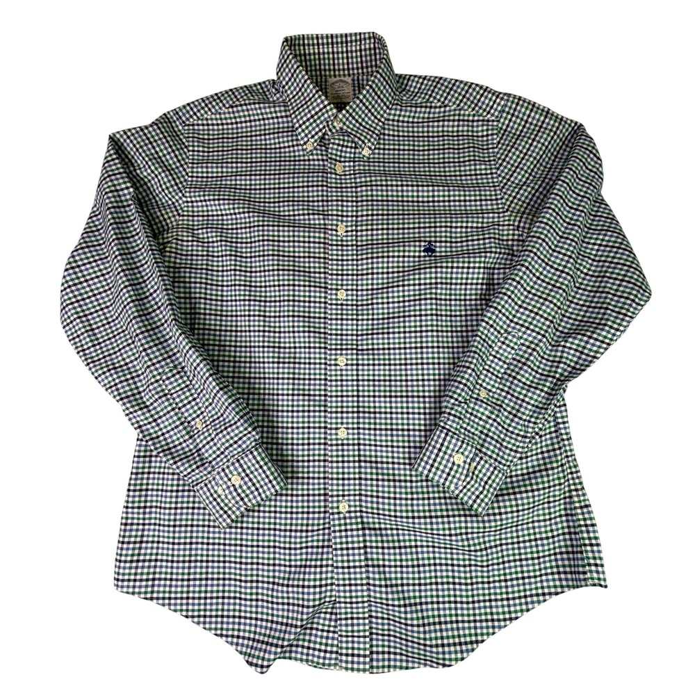 Brooks Brothers‎ 1818 Regent Fit Gingham Shirt Mens L Green Blue Supima Cotton